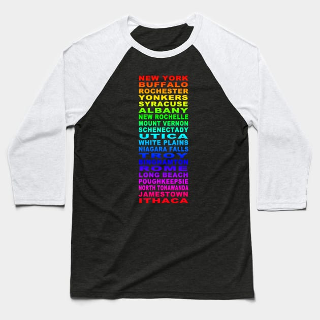 Rainbow New York Cities Bus Roll Baseball T-Shirt by RockettGraph1cs